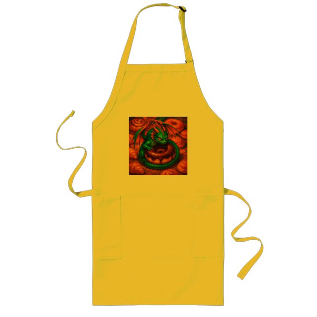 Cute Mini Green Dragon & Doughnut Fantasy Art Long Apron (Front)