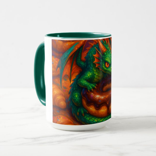 Cute Mini Green Dragon & Doughnut Fantasy Art Mug (Front Left)