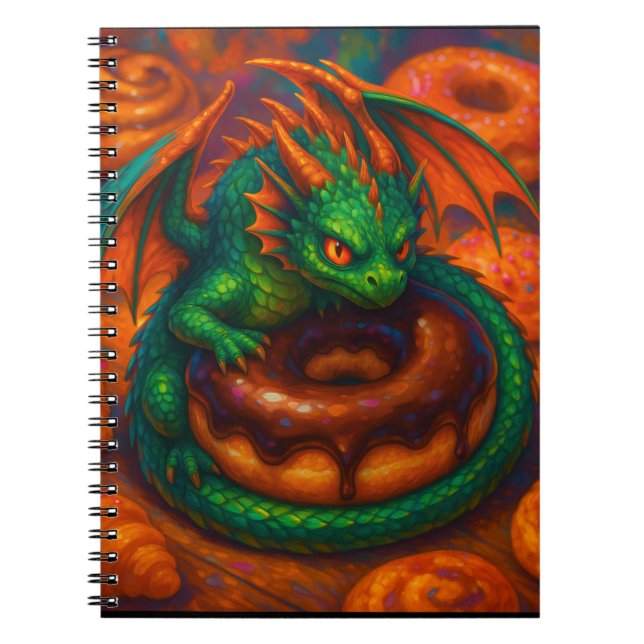 Cute Mini Green Dragon & Doughnut Fantasy Art Notebook (Front)