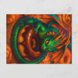 Cute Mini Green Dragon & Doughnut Fantasy Art Postcard