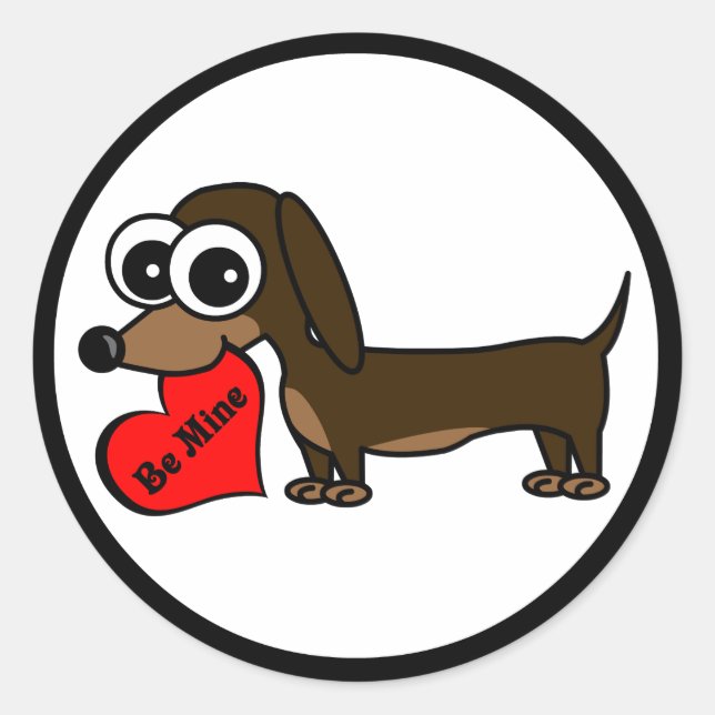 Cute Miniature Dachshund Holding Be Mine Heart Classic Round Sticker (Front)