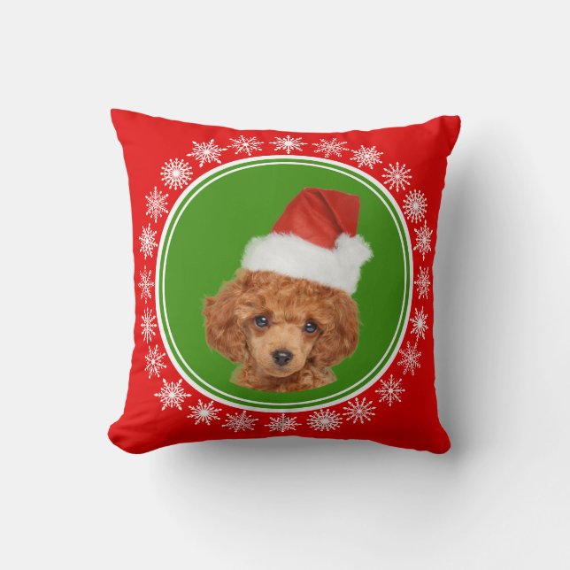 Cute Miniature Poodle Christmas Santa Hat Dog Cushion (Front)