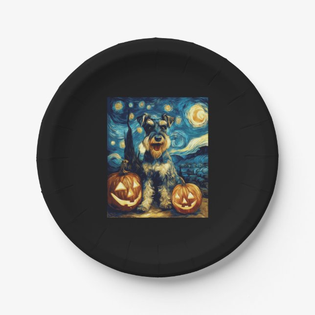 Cute Miniature Schnauzer Dog Halloween Jack O Lant Paper Plate (Front)