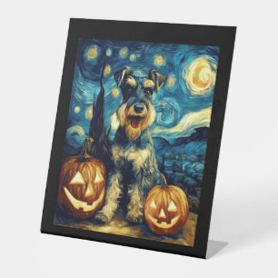 Cute Miniature Schnauzer Dog Halloween Jack O Lant Pedestal Sign