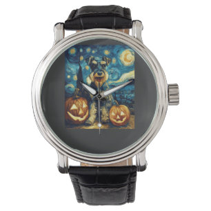 Cute Miniature Schnauzer Dog Halloween Jack O Lant Watch