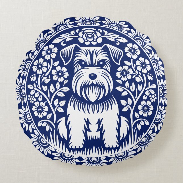 Cute Miniature Schnauzer in a Flower Garden Round Cushion (Front)