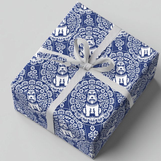 Cute Miniature Schnauzer in a Flower Garden Wrapping Paper (Background color is customizable)