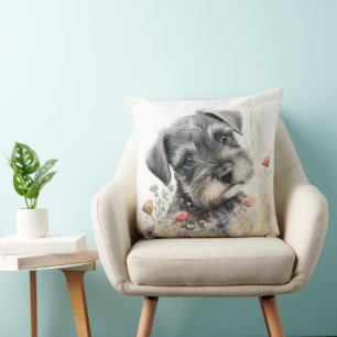 CUTE MINIATURE SCHNAUZER PUPPY DOG & WILDFLOWERS CUSHION
