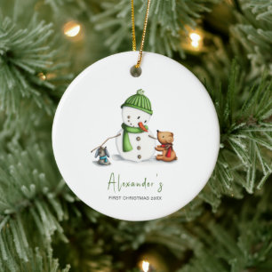 Cute Minimal Baby First Christmas Snowman Ceramic Ornament