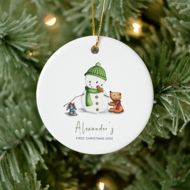 Cute Minimal Baby First Christmas Snowman Ceramic Ornament (Tree)