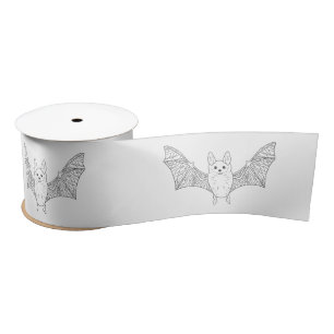 Cute Minimal Bat With Wings Line Art Halloween Satin Ribbon