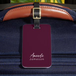 Cute Minimal Dark Red Monogram Full Name Luggage Tag