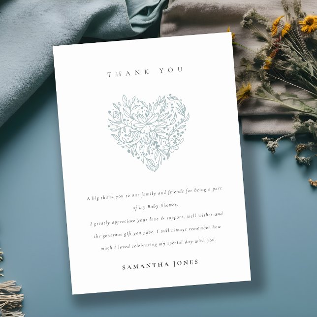 Cute Minimal Dusky Blue Floral Heart Baby Shower Thank You Card (Creator Uploaded)