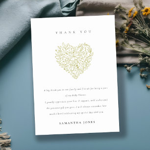 Cute Minimal Dusky Green Floral Heart Baby Shower Thank You Card