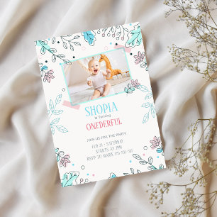Cute Minimal Flower with Photo 1st Birthday Invita Invitation