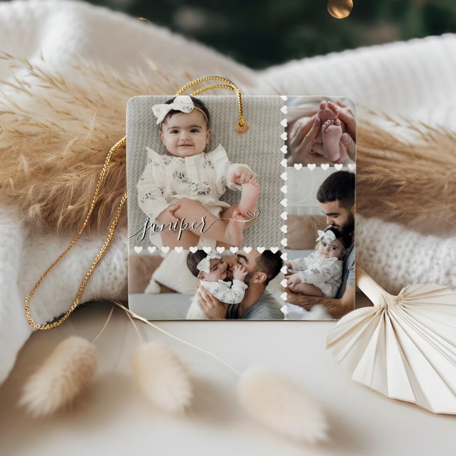 Cute Minimal Heart Baby Photo Collage Script Name Ceramic Ornament (Cute Minimal Heart Baby Photo Collage Script Name Ceramic Ornament)