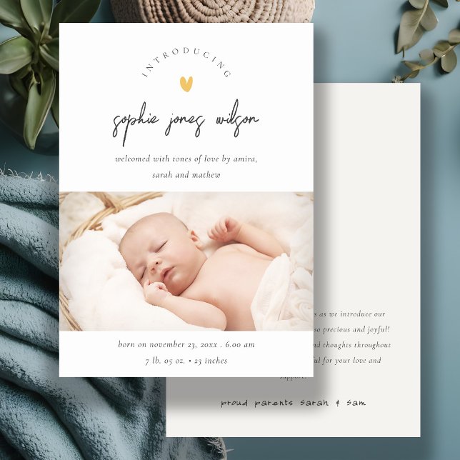 Cute Minimal Heart Script Photo Birth Announcement (Creator Uploaded)
