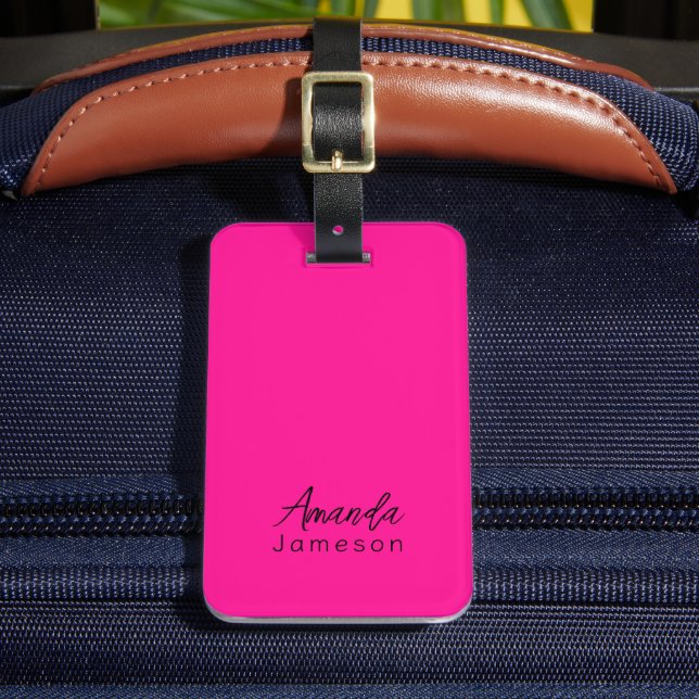 Cute Minimal Hot Pink Monogram Full Name Luggage Tag (Front Insitu 2)