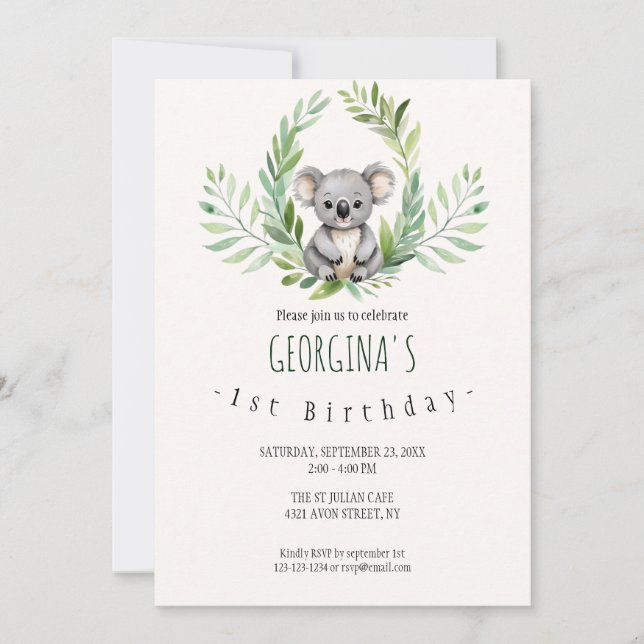 Cute Minimal Koala Bear Birthday Invitation (Front)