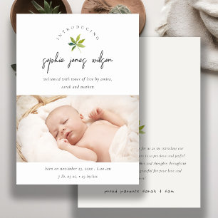 Cute Minimal Leaf Script Photo Birth Announcement