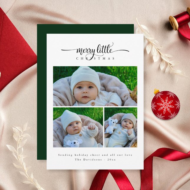 Cute Minimal Merry Little Christmas 3 Photo Green Holiday Card (Creator Uploaded)