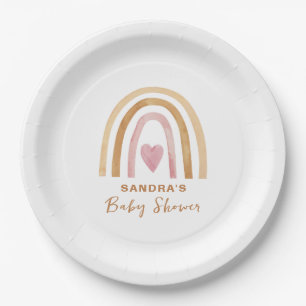 Cute Minimal Neutral Boho Rainbow Baby Shower Paper Plate