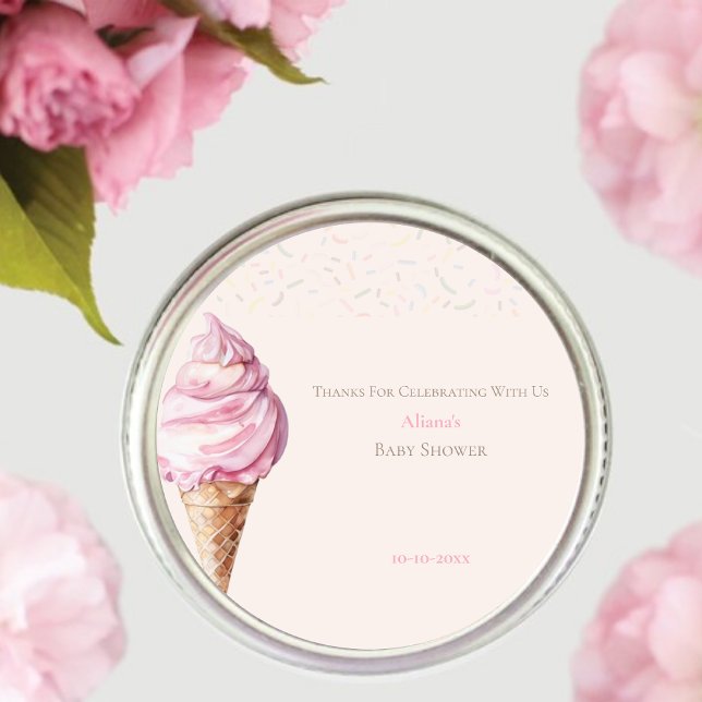 Cute minimal Pink Ice Cream Baby Shower Favour Classic Round Sticker (Creator Uploaded)