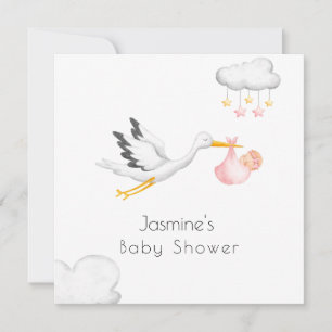 Cute minimal stork pink baby shower  invitation