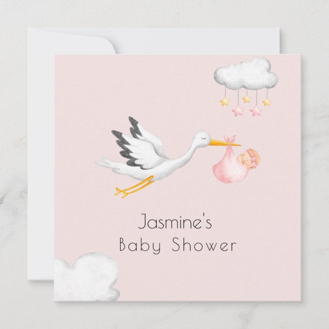 Cute minimal stork pink baby shower  invitation (Front)