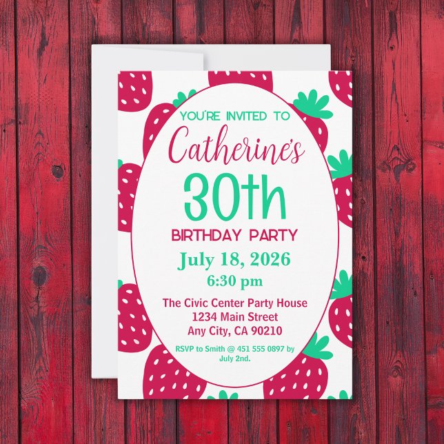 Cute Minimal Strawberry Pattern, 30th Birthday  Invitation (Creator Uploaded)
