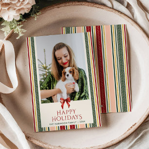 Cute Minimal Stripes & Bow Happy Holidays 1 Photo Holiday Card