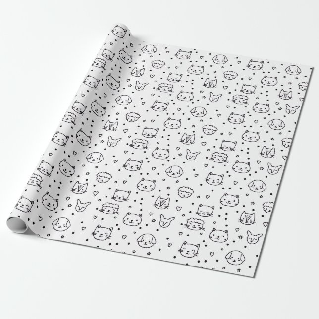 Cute Minimalist Animal Faces Wrapping Paper (Unrolled)