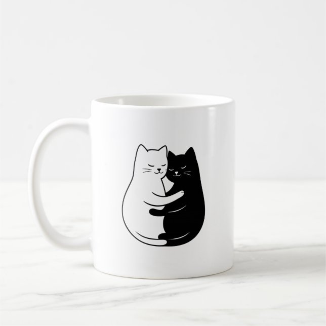 Cute Minimalist Black & White Cat Love Design Coffee Mug (Left)