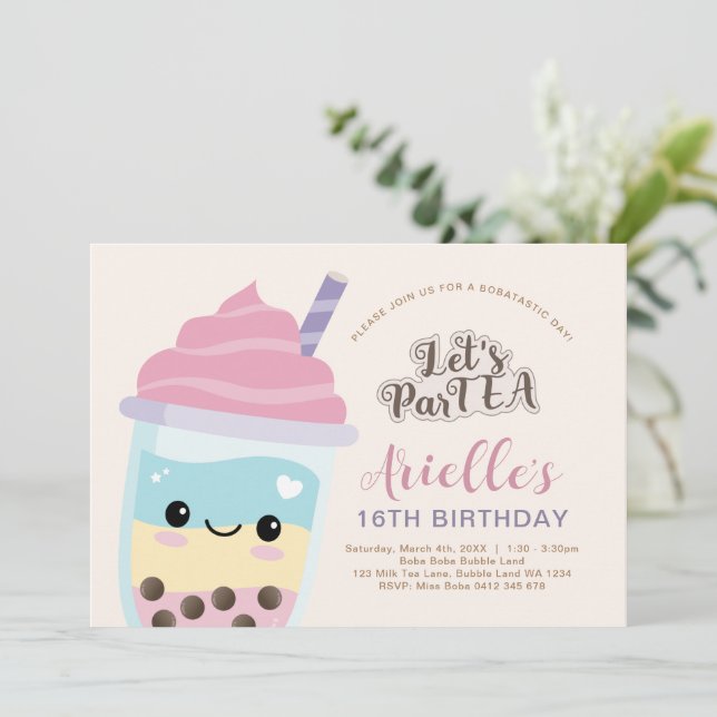 Cute Minimalist Boba Bubble Tea Birthday Invitatio Invitation (Standing Front)