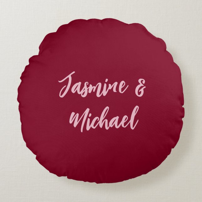 Cute Minimalist Burgundy Red Calligraphy Own Name Round Cushion (Front)