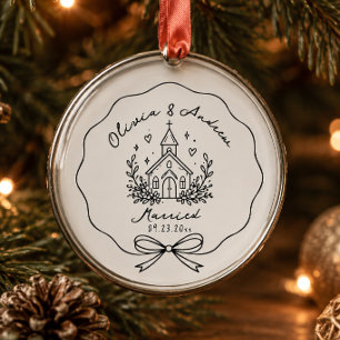Cute Minimalist Church Wedding Just Married Metal Ornament