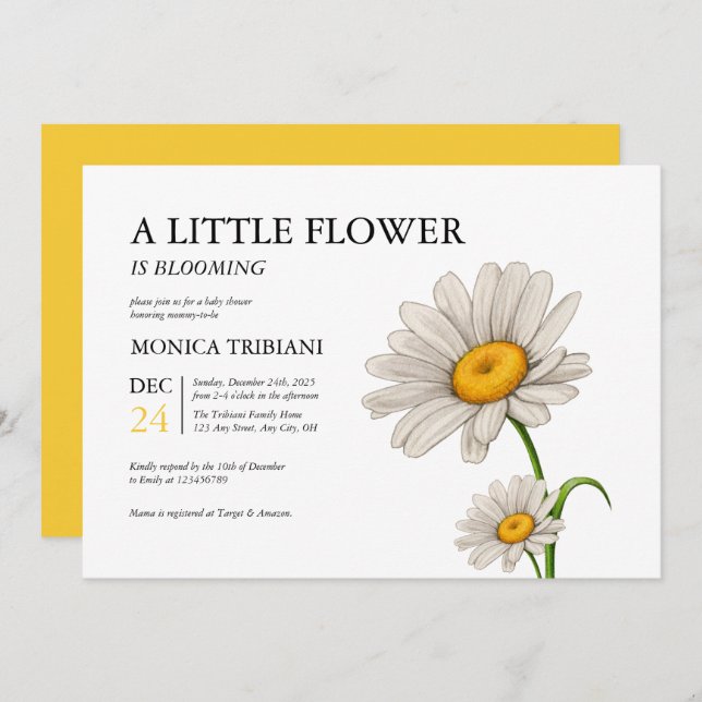 Cute Minimalist Daisy Flower Baby Shower Girl Invitation (Front/Back)