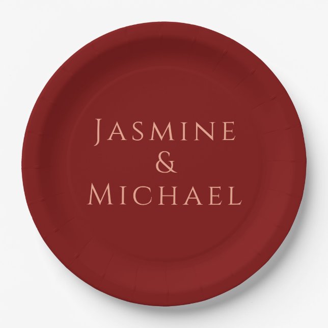 Cute Minimalist Deep Red & Peach Own Name Paper Plate (Front)