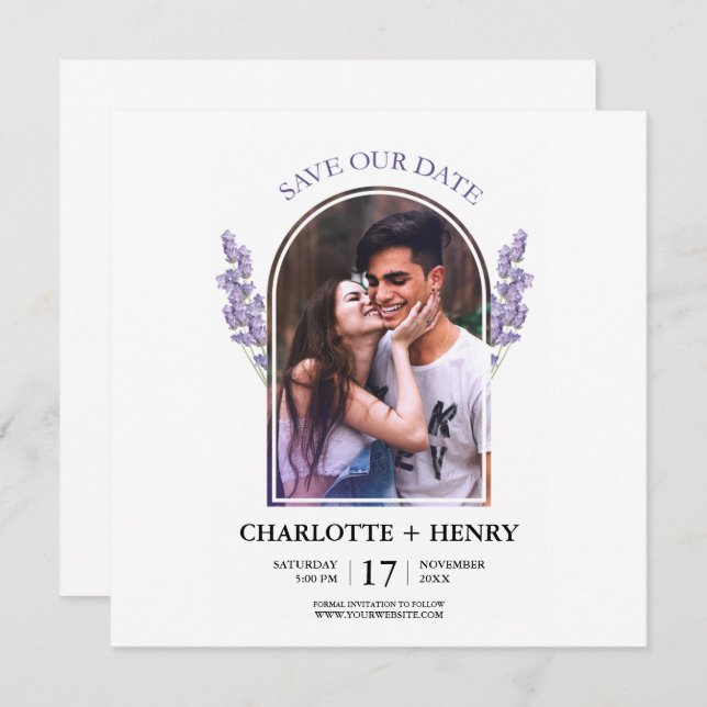 Cute Minimalist Elegant Purple Photo Save The Date (Front/Back)