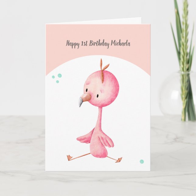 Cute Minimalist Flamingo Pink First Birthday Card (Front)