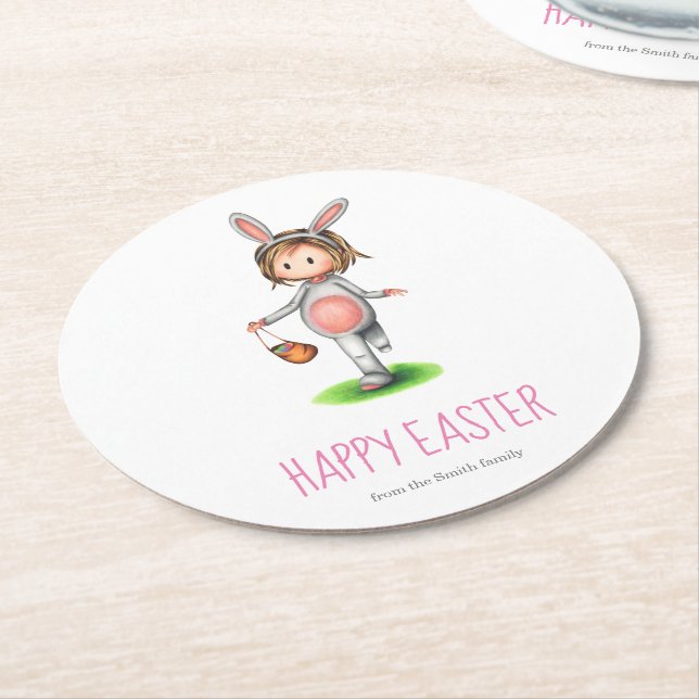 Cute Minimalist Girl in Bunny Costume Easter  Round Paper Coaster (Angled)