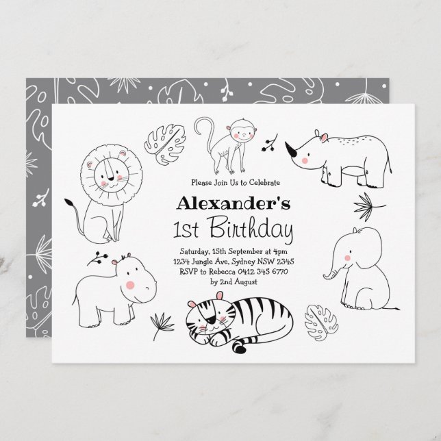 Cute Minimalist Jungle Safari Animals 1st Birthday Invitation (Front/Back)