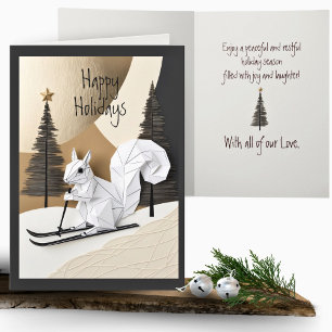 Cute Minimalist Origami Christmas Squirrel Skiis Card