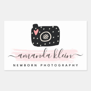 Cute Minimalist Photographer Camera Black & Pink Rectangular Sticker