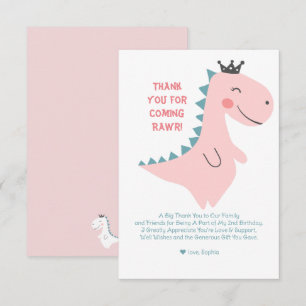 Cute Minimalist Pink Girl Dinosaur Birthday Thank You Card
