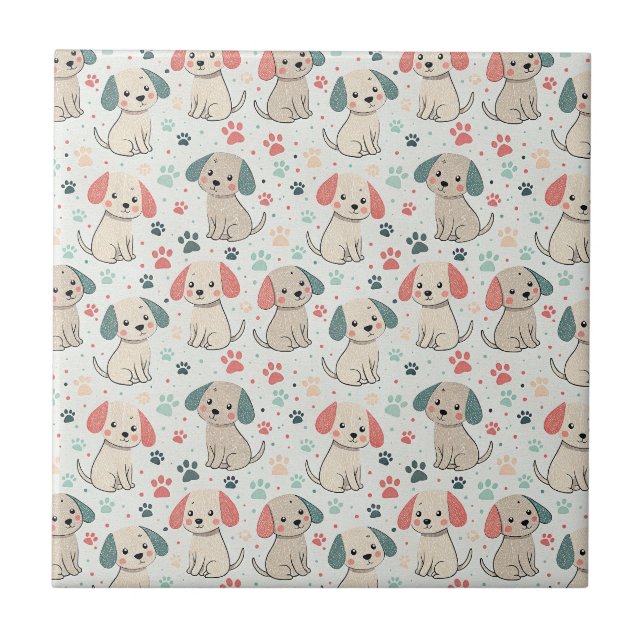 Cute Minimalist Puppy and Paw Print Design Pattern Ceramic Tile (Front)