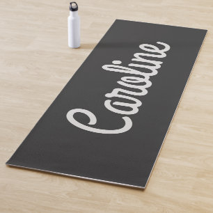 Cute Minimalist Script Typography Name Black White Yoga Mat
