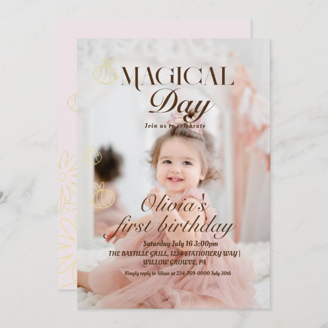 Cute Minimalist Soft Photo 1st girl Birthday Party Invitation (Front/Back)
