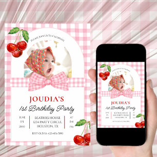 cute minimalist Watercolor Cherry First birthday  Invitation