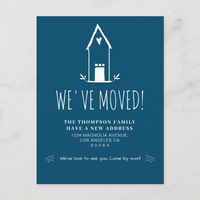 Cute Minimalist We've Moved Navy Blue Moving Announcement Postcard (Front)